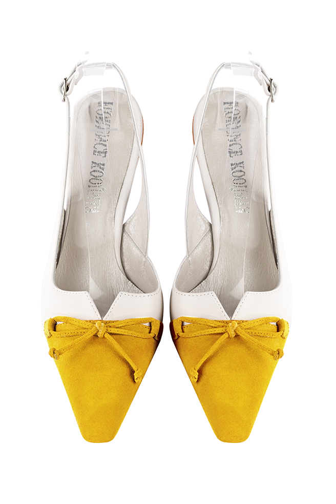 Dress slingback bow heels in yellow and pure white leather with high slim heels and tapered toe - Top view